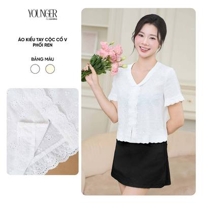 Áo kiểu nữ YOUNGER BY CARDINA tay cộc cổ V phối ren 5YAKC14
