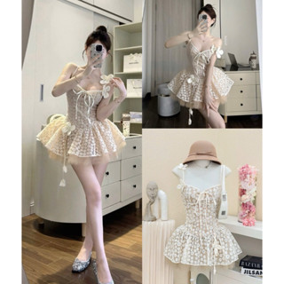    Chuẩn Loại 1   Đầm Váy 2 Dây Đính Hoa 4 Lá Hoạ Tiết Ren Hoa Nhí Cột Nơ Tùng Xoè 2 Lớp Phối Lưới Form Bồng Tiểu Thư 