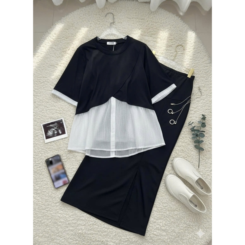 Bộ Đồ Bầu Năng Động LLARIA - Set Áo Váy Bầu Mặc Đi Làm, Đi Chơi Thoải Mái Sành Điệu