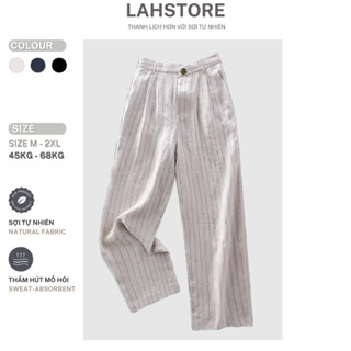  Quần dài suông ống rộng linen kẻ bamboo LAHSTORE cạp cao lưng thun QD01  Be Kẻ Đen Đen Kẻ Trắng  