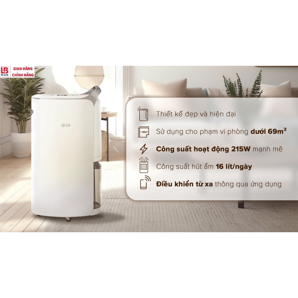(SIÊU SALE) Máy Hút Ẩm Kèm Lọc Không Khí ( lọc thô) LG Md16gqse0 16L/N phòng 38m