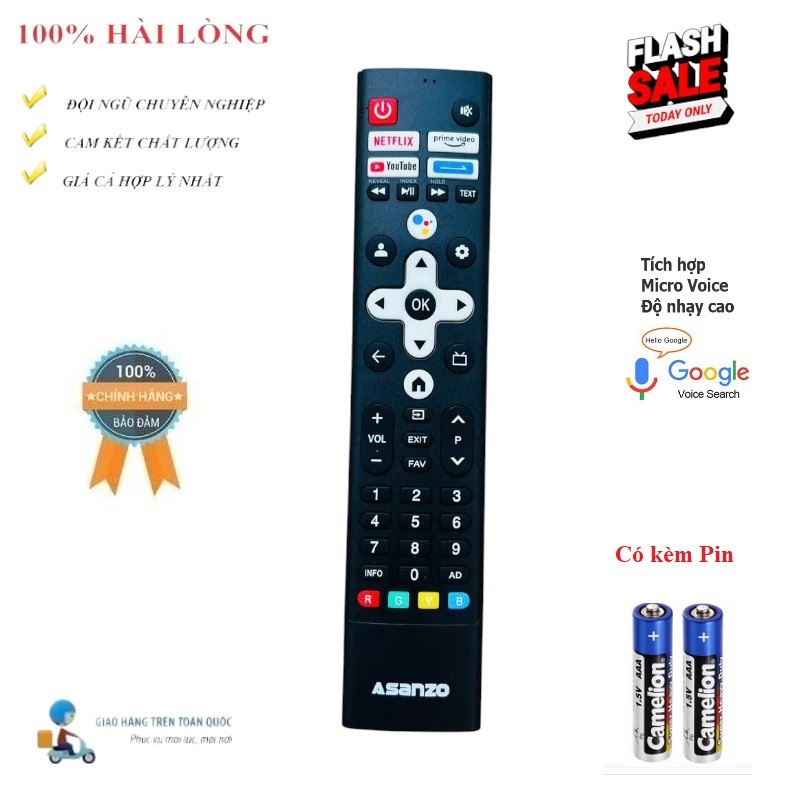 Remote Điều khiển GIỌNG NÓI Voice TV Asanzo - Kooda TRỤ ĐEN DÀI HÀNG CHẤT LƯỢNG CAO TẶNG PIN