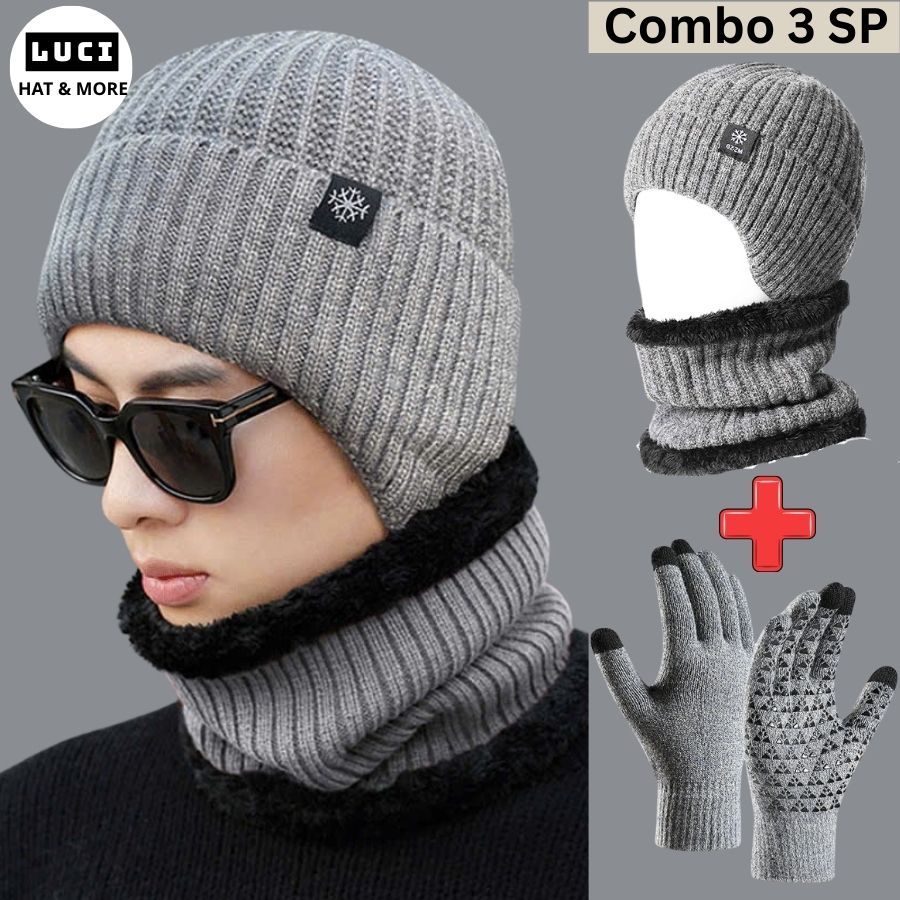 Mũ len nam nữ trùm đầu mùa đông kèm khăn quàng cổ găng tay lót nỉ giữ ấm chống lạnh LUCI Store