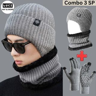 Mũ len nam nữ trùm đầu mùa đông kèm khăn quàng cổ găng tay lót nỉ giữ ấm chống lạnh LUCI Store