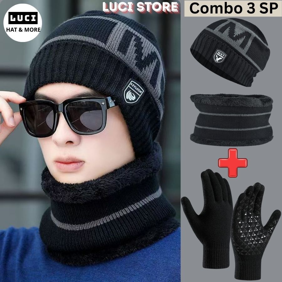 Mũ len nam nữ trùm đầu mùa đông, Bộ 3 nón len cho người lớn, trẻ em LUCI kèm khăn quàng cổ phong cách Hàn Quốc