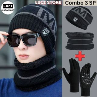Mũ len nam nữ trùm đầu mùa đông, Bộ 3 nón len cho người lớn, trẻ em LUCI kèm khăn quàng cổ phong cách Hàn Quốc