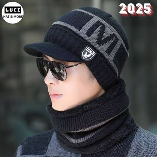 Mũ len nam nữ trùm đầu mùa đông, Nón len cho người lớn, trẻ em LUCI kèm khăn quàng cổ phong cách Hàn Quốc
