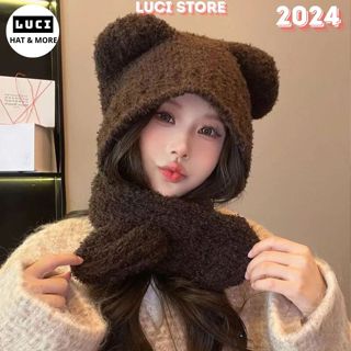  Mũ len nữ trùm đầu mùa đông Nón len tai gấu thời trang kèm khăn quàng cổ LUCI phong cách Hàn Quốc dễ thương 