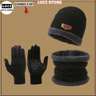 Bộ 3 mũ len nam nữ trùm đầu LUCI, Set 3 món nón len kèm khăn quàng cổ và găng tay giữ ấm mùa đông chống lạnh