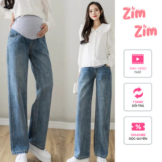  Quần Jeans Bầu Suông ZimZim Quần Bầu Ống Rộng Có Chun Điều Chỉnh Bụng To Nhỏ Theo Từng Thai Kỳ ZD21 