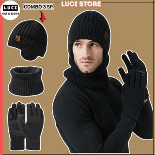  Bộ 3 Mũ len nam nữ mùa đông  Set 3 món nón len trùm đầu LUCI kèm khăn quàng cổ  găng tay phong cách Hàn Quốc 