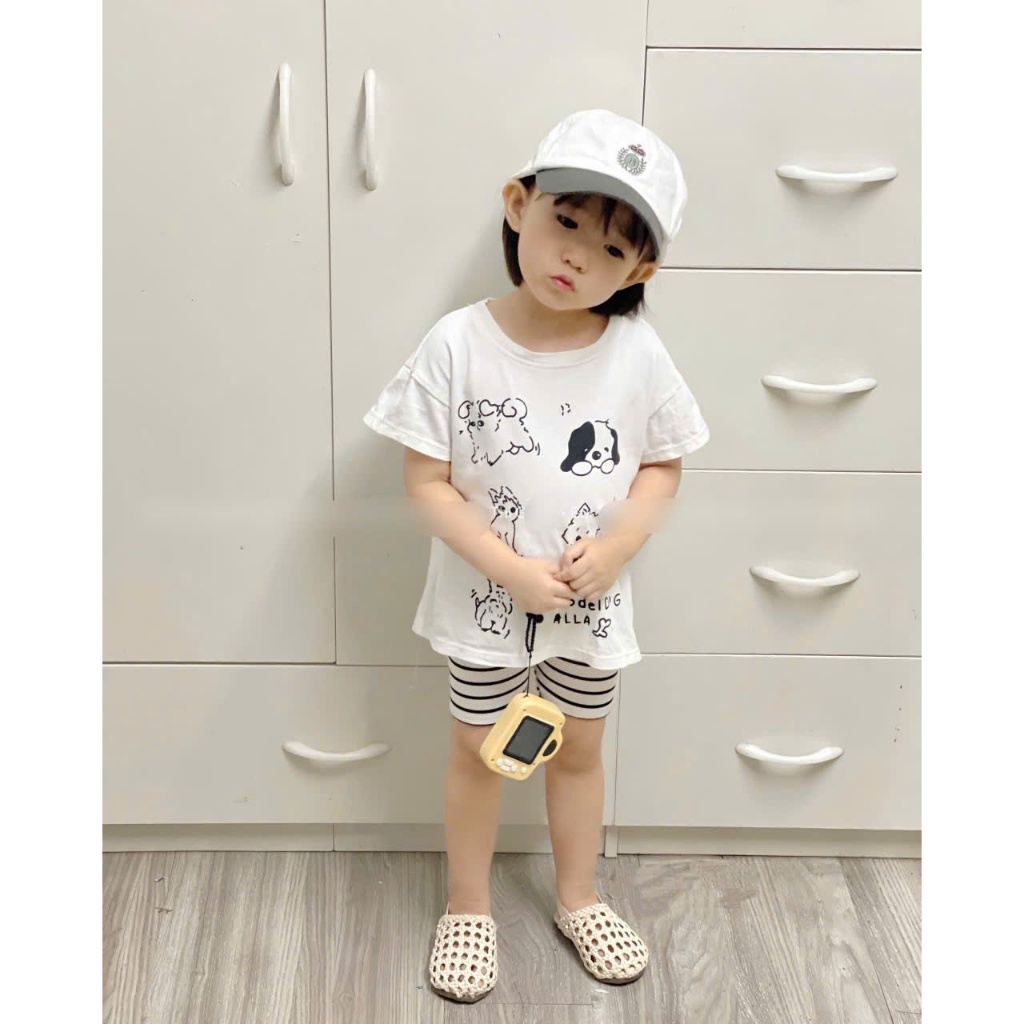 Bộ quần áo thun cotton mix quần leging đùi sọc cho bé gái từ 10-25kg