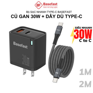 Bộ sạc nhanh Type C 30W Basefast Combo củ 2 cổng kèm dây bọc dù C to C cho Phone 15 16 17 samsung .. 