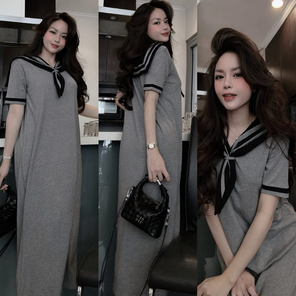 Váy YT135, Đầm Suông Cổ Thuỷ Thủ Phối Viền Tay From Rộng Dài | BigBuy360 - bigbuy360.vn