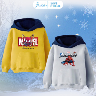 Áo hoodie cho bé AORE in SPIDER MAN, Áo thu đông chất nỉ da cá phối túi có mũ mềm mịn hình Siêu Nhân bé trai 10-35kg