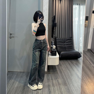 Quần jean ống suông nữ MELINA quần bò thêu chữ B nổi đen màu xanh đen rêu, xanh nhạt size S M L 86236