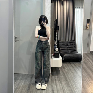 Quần bò ống suông nữ MELINA quần jean thêu hoạ tiết chữ màu đen ánh rêu xanh nhạt size S M L SPG1