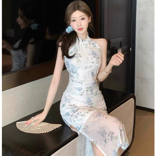 Sườn xám cách tân Trung Hoa cổ yếm họa tiết cổ điển nhẹ nhàng khí chất