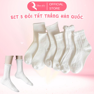 Set 5 đôi tất nữ vớ nữ cổ cao nhiều mẫu màu trắng phong cách Hàn Quốc BT50