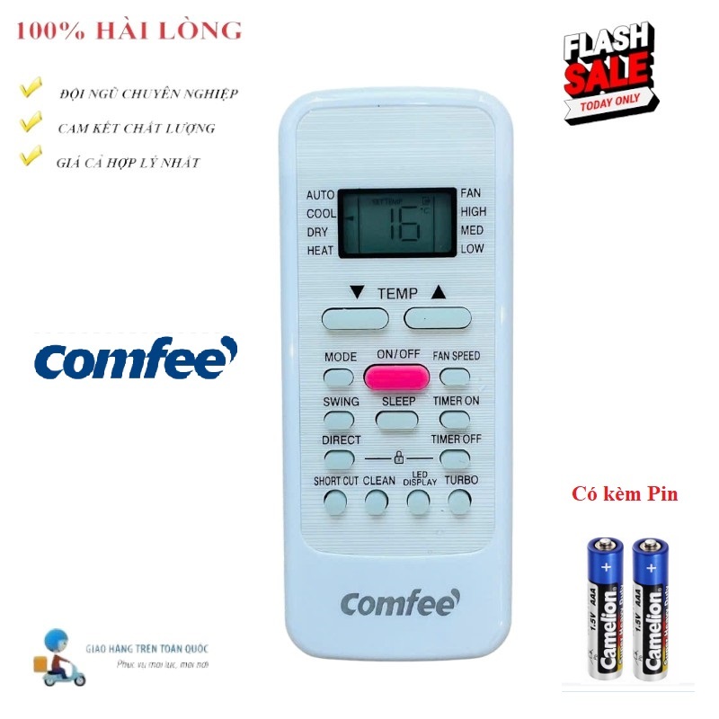 [HÀNG XỊN CHẤT LƯỢNG] Điều khiển điều hòa máy lạnh Comfee' 2 chiều LOẠI NGẮN- Hàng mới 100% Tặng Pin