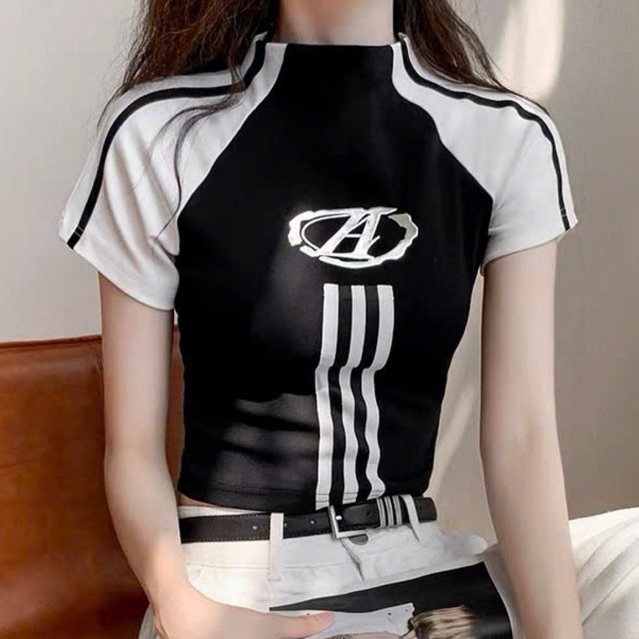 ÁO THUN CỔ LỌ CAO PHỐI SỌC TÔN DÁNG Q9, Áo croptop nữ tay ngắn phối màu kẻ sọc cổ cao dáng ôm, Áo th