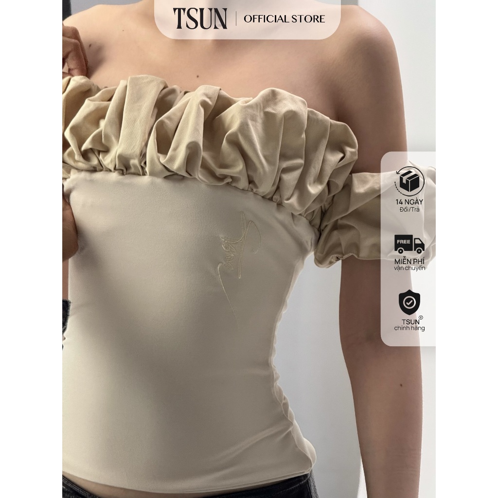 TSUN - Layla Top Áo Ống Cúp Ngực Nữ Phối Bèo Nhún Ôm Body Màu Be Y2K Cá Tính Quyến Rũ | BigBuy360 - bigbuy360.vn