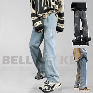 quần jean nam chữ thập ống suông rộng, Quần bò nam Form xuông Unisex nam nữ cá tính chấ vải dày dặn