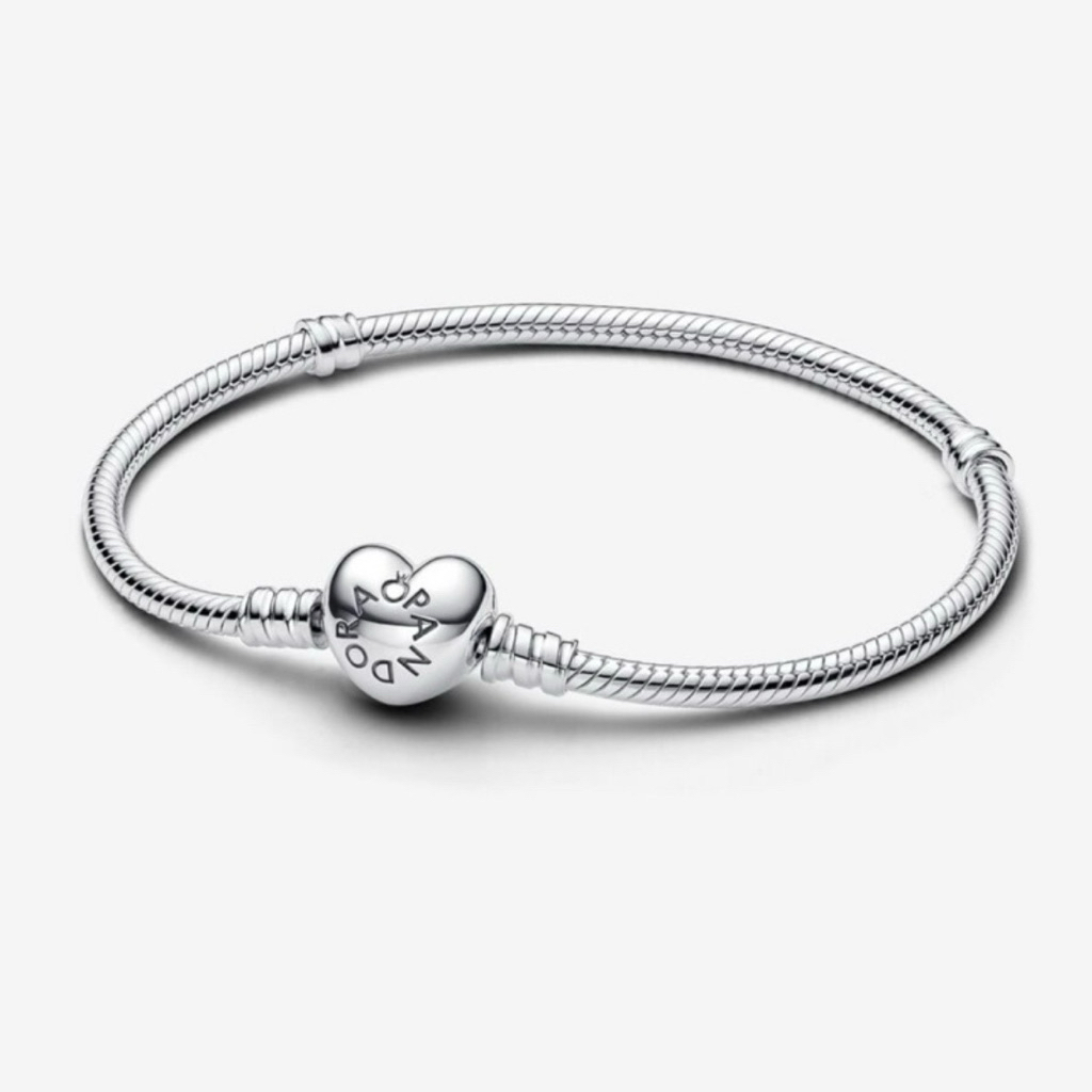  CHÍNH HÃNG - PANDORA Moments Snake Chain Bracelet  Heart Clasp Silver Sterling  - Vòng lắc bạc 925 khoá tim dáng mềm 