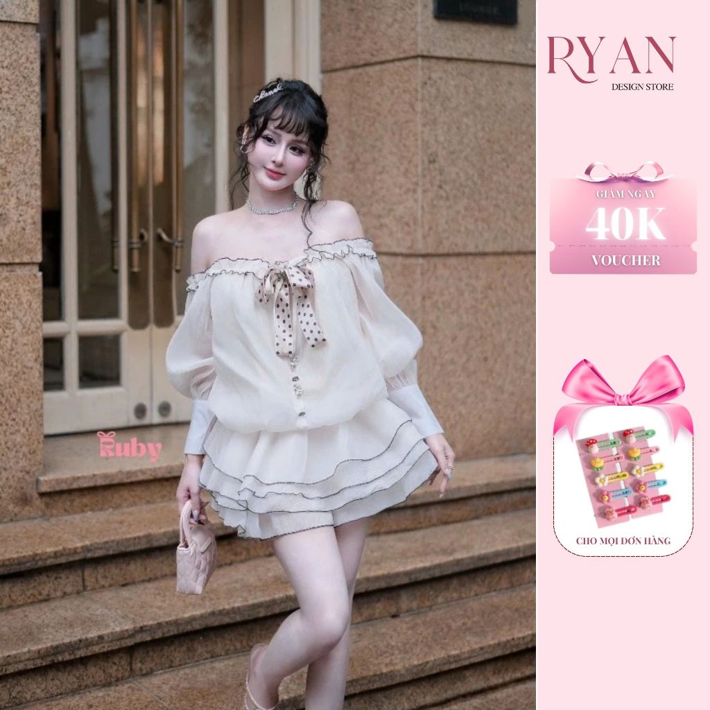 Đầm trễ vai tay dài phối nơ kèm chân váy bồng xoè, set váy nữ dịu dàng (HA29)- Ryan Design Store