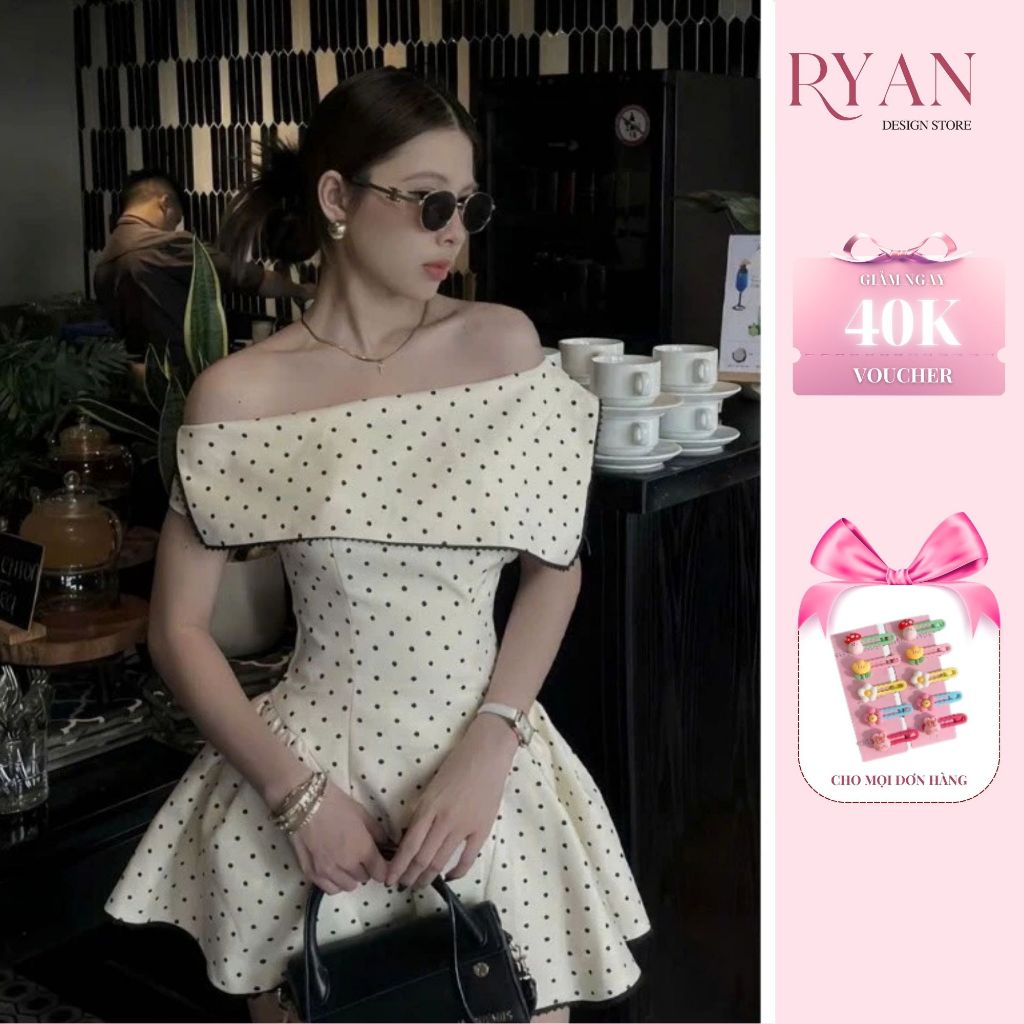 Set váy chấm bi trễ vai dáng ngắn xoè, đầm trễ vai dáng xoè bồng bềnh cho nữ (HA37)- Ryan Design Sto