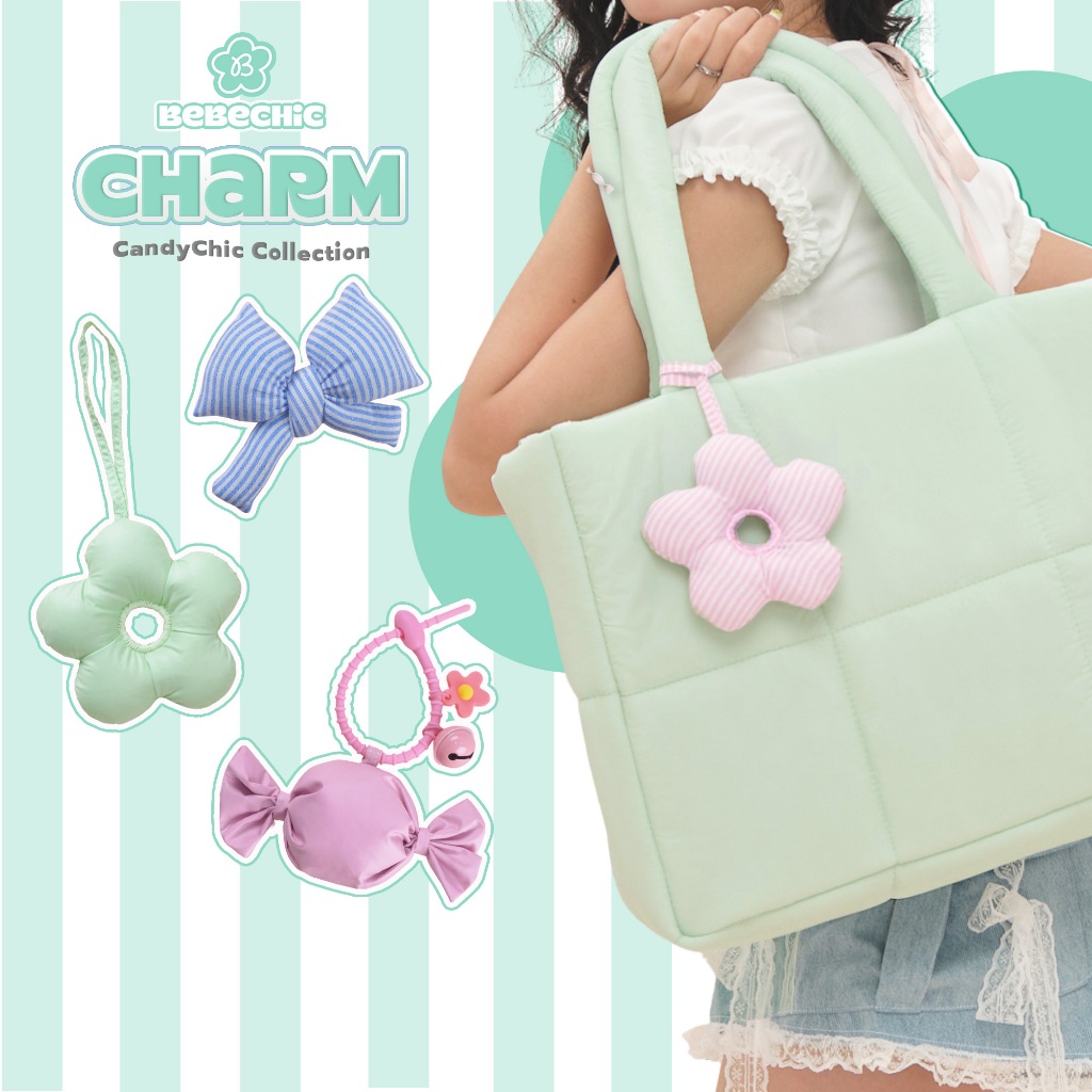 Bộ Charm Phao Chần Bông BEBECHIC Phụ Kiện Túi, Móc Khoá Pastel Dễ Thương (Charm Hoa, Nơ, Kẹo)