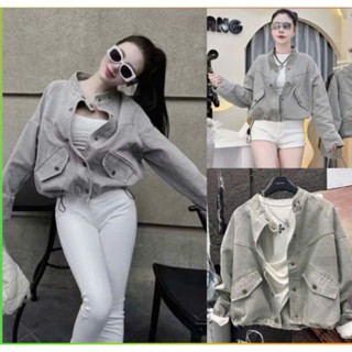 Áo khoác Jean nữ cổ tàu dáng ngắn bo gấu rút dây chất liệu denim dày dặn dễ phối đồ mẫu mới 205 thời trang