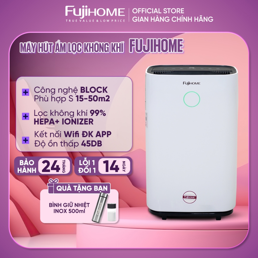 Máy hút ẩm 25L/ngày lọc không khí HEPA 50m2 kết nối Wifi Fujihome Nhập Khẩu máy nén Block cho phòng ngủ công nghiệp