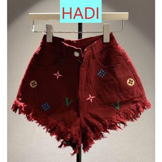   SOGE2586  QUẦN SHORT JEANS ĐÙI NỮ LƯNG CAO THÊU CHỮ V TRÒN MÀU ĐỎ TRẮNG XANH VÀNG ĐEN LAI TUA TÔN DÁNG 