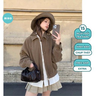 Áo khoác da lộn dáng dài rộng, giấu khoá Miho House