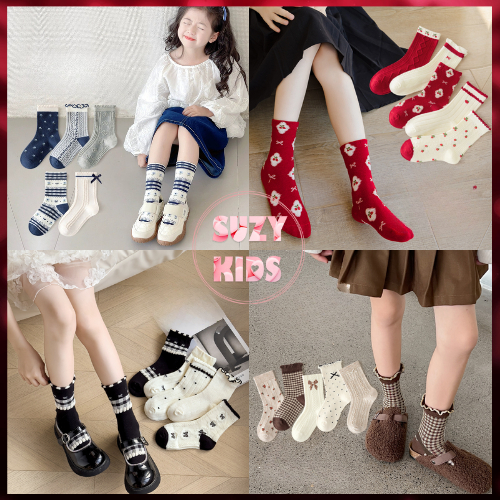  Combo 5 Đôi Tất Vớ Cho Bé Gái Mang Giày Phong Cách Hàn Quốc Vintage chất len dệt kim từ 1 tuổi đến 12 tuổi V03 