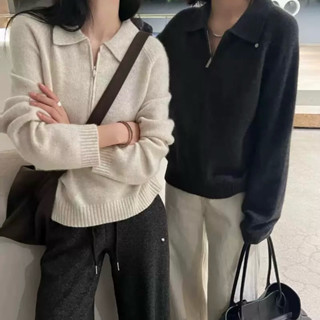   Aheun studio Áo Len Nữ Cổ Bẻ Tay Dài Form Rộng Thời Trang Thu Đông Áo Len Khoá Kéo Basic Unisex 