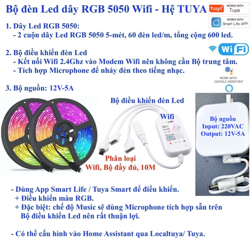 Bộ đèn Led dây RGB 5050 5V / 12V, Wifi, Zigbee, Tuya Smart Life, Home Assistant (Hass)-