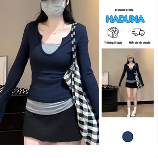  Áo Thun Nữ Dài Tay Ôm Body Cổ Khoét Sâu Layer Cá Tính Phong Cách Hàn Quốc Haduna 