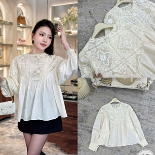 Áo sơ mi thô babydoll dài tay pha ren hoa #3316