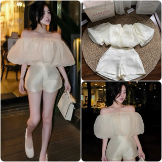  Sét Bộ Nữ Gồm Áo Trễ Vai Tơ Xốp Phồng + Quần Tafta Nhũ 2 Lớp Hottrend Màu Kem 