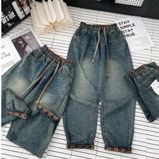  Quần jean nữ dáng baggy lưng thun phối cạp kẻ mẫu mới 