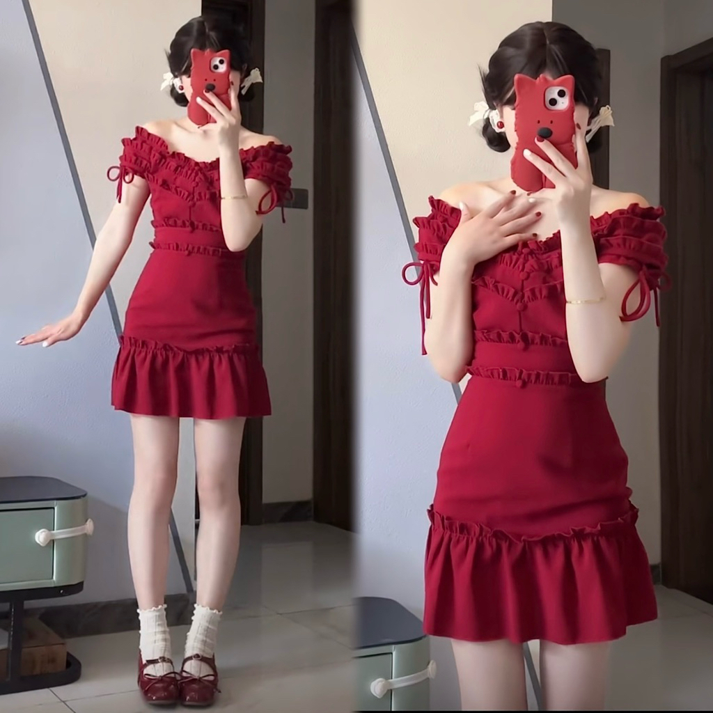 [ẢNH THẬT] Đầm nơ bèo trễ vai kèm choker nơ - Màu : đen / đỏ