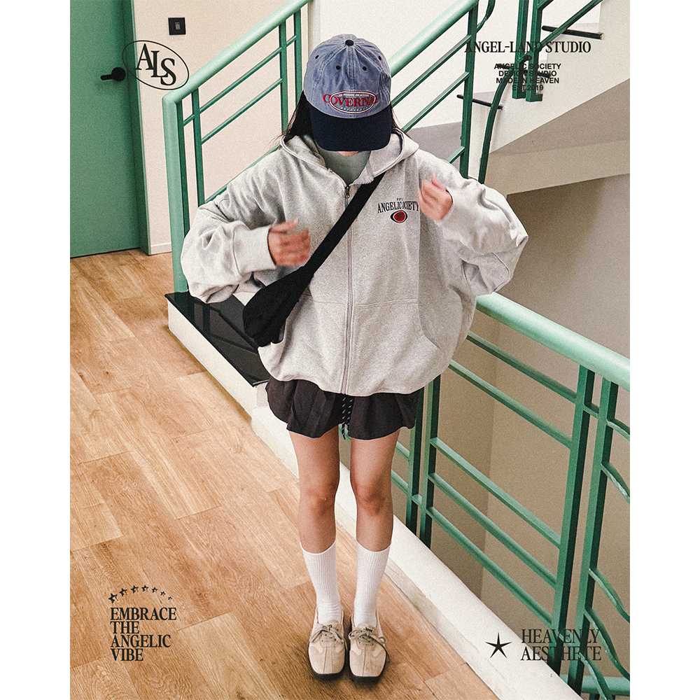 Áo Khoác Hoodie Khoá Kéo form BOXY Nỉ chân cua ANGELIC SOCIETY màu xám tiêu Chính hãng Angel-Land | BigBuy360 - bigbuy360.vn