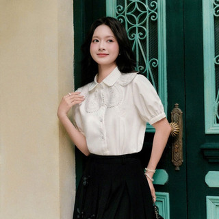   Muse By BOHEE  Áo Kiểu Nữ Vân Đào A574 Cổ Sen Thêu Hoa Tay Phồng Chất Vải Bamboo Mềm Mát 