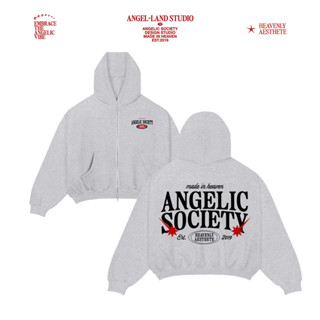Áo Khoác Hoodie Khoá Kéo form BOXY Nỉ chân cua ANGELIC SOCIETY màu xám tiêu Chính hãng Angel-Land