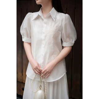   Muse By BOHEE  Áo Sơ Mi Nữ Bạch Liên A584 Thêu Hoa Tinh Tế Tay Phồng Chất Tơ Organza Mềm Mại 