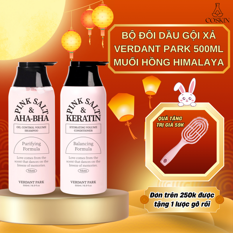 Bộ đôi Dầu Gội Xả VERDANT PARK 500ml muối hồng Himalaya AHA BHA kiềm dầu phồng tóc Shampoo Condition
