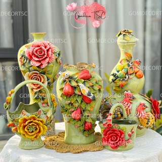 Bình hoa đắp nổi gốm sứ Bát Tràng lọ hoa decor màu xanh bơ cốm trang trí phòng khách gomdecortsc