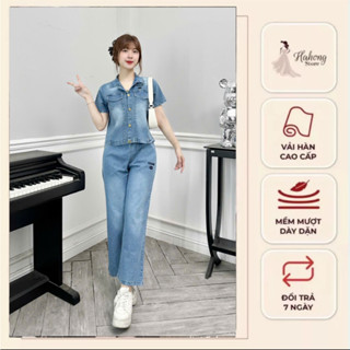  Bộ Jean B29 bộ bò Nữ thêu chữ tay cộc quần suông và B32 áo dài tay quần ống đứng cạp chun chất bò giấy mềm mát 